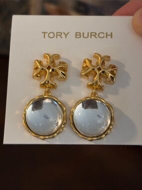Tory Burch Gold and Clear Logo Drop Earrings